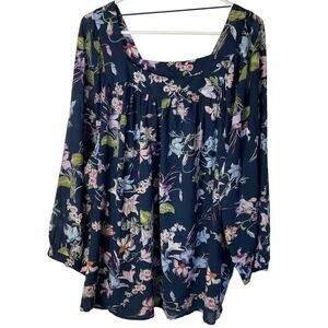 Terra & Sky Navy Floral Flowy Peasant Boho Cottage Boxy Longsleeve Top Plus 2X